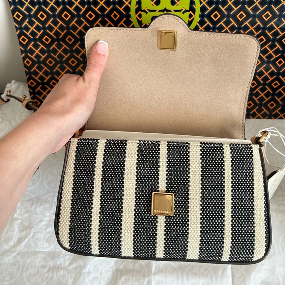 Tory Burch Felix Striped Canvas Mini Flap Shoulder Bag Crossbody Canvas Black - Picture 6 of 11